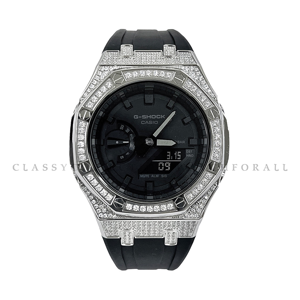GA-2100-1A1 With Silver Stainless Steel Crystal Case & Black Rubber Clip Strap