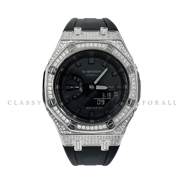 GA-2100-1A1 With Silver Stainless Steel Crystal Case & Black Rubber Clip Strap