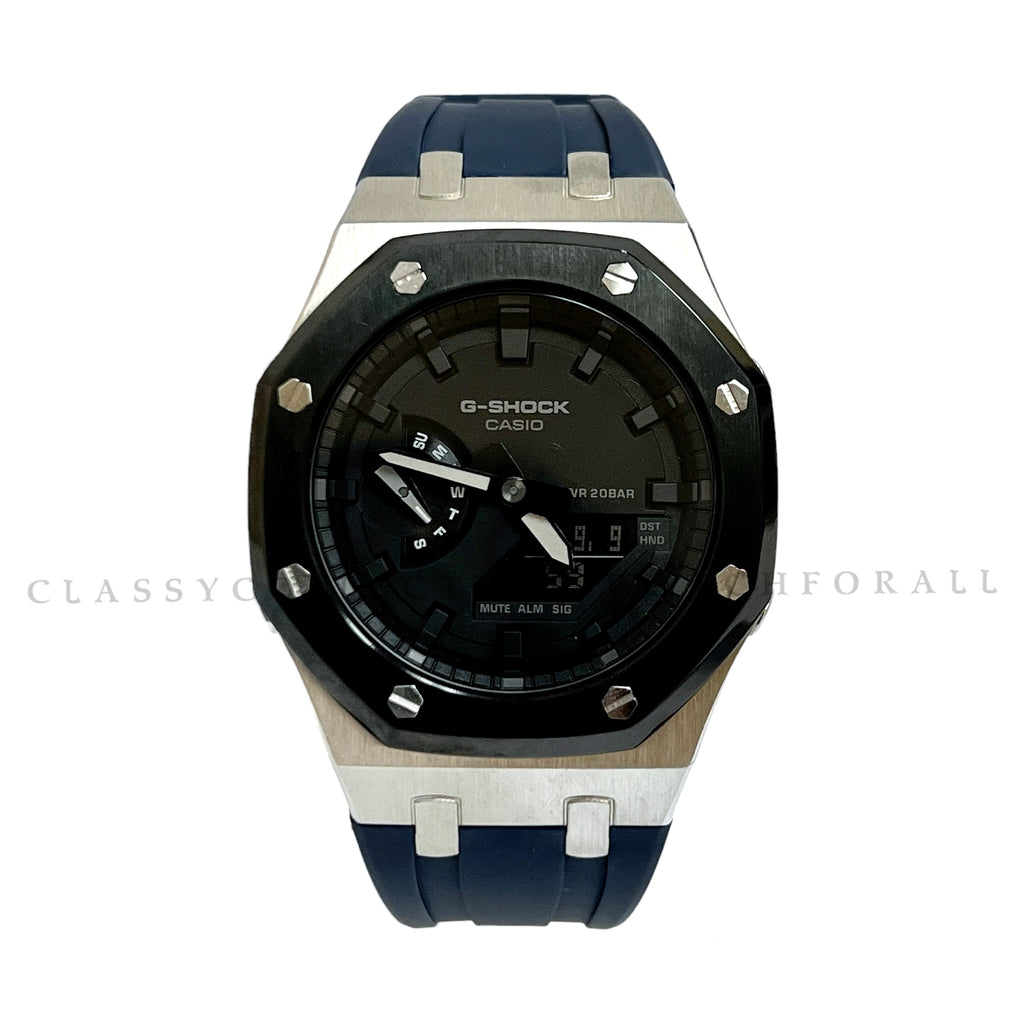 GA-2100-7A With Black & Silver Stainless Steel Case & Navy Blue Rubber Clip Strap