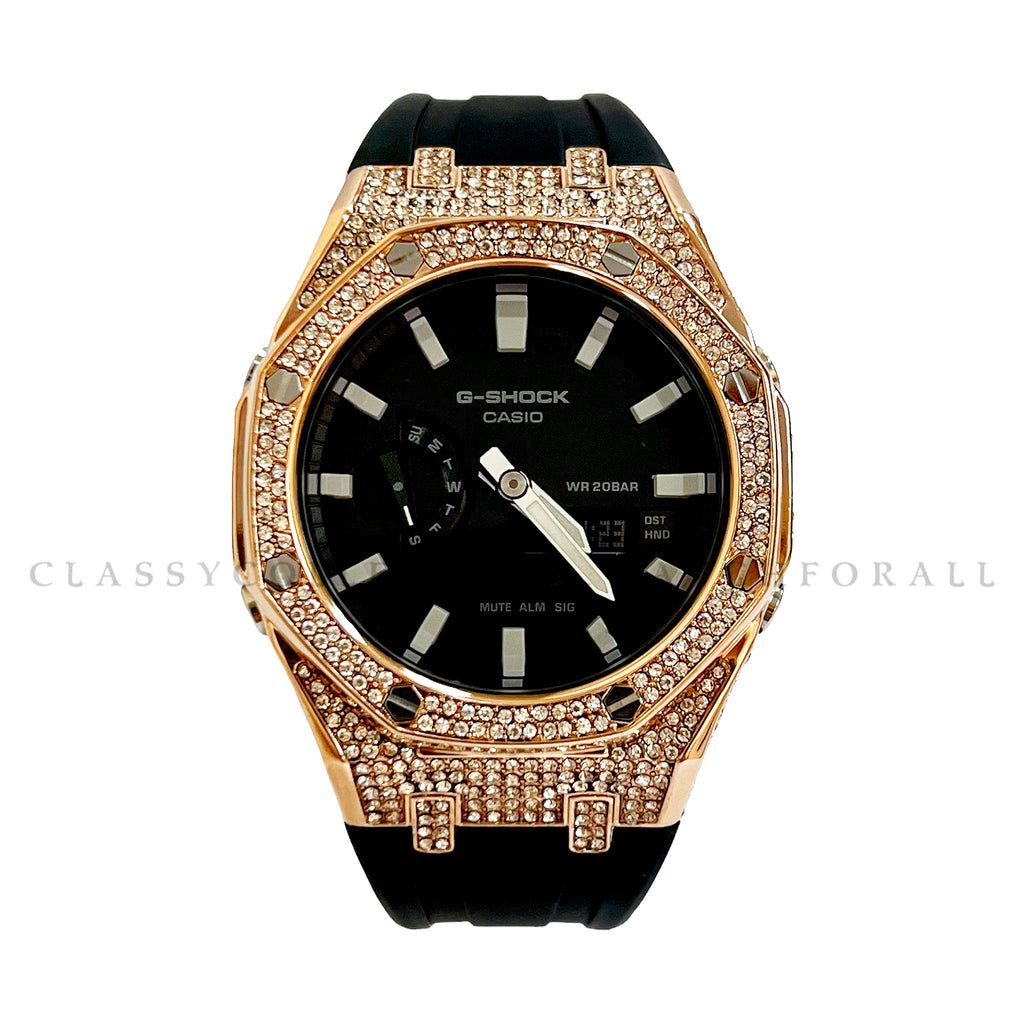 (Preorder) GA-2100-1A With Rose Gold Stainless Steel Crystal Case &  Black Rubber Clip Strap