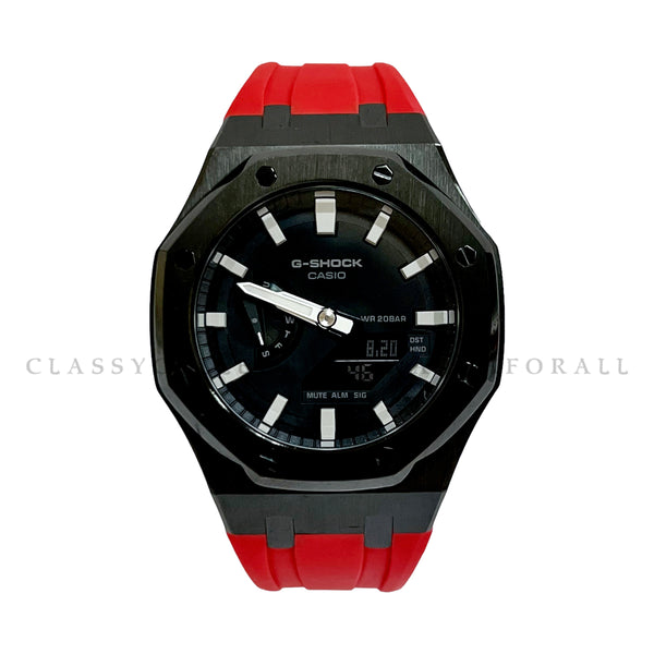 GA-2100-1A With Black Stainless Steel Case & Red Rubber Clip Strap