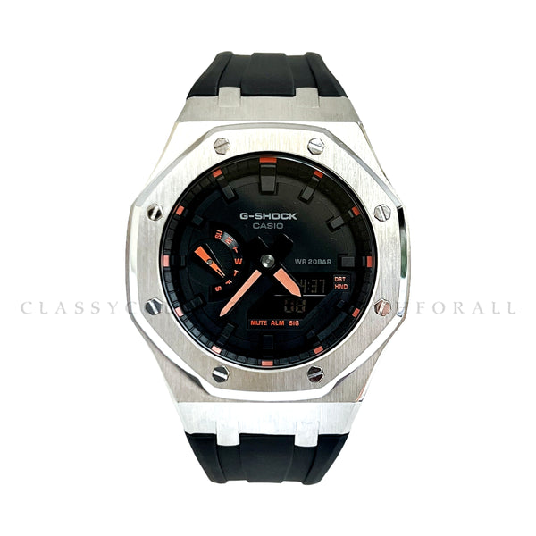 GA-2100-1A4 With Silver Stainless Steel Case & Black Rubber Clip Strap
