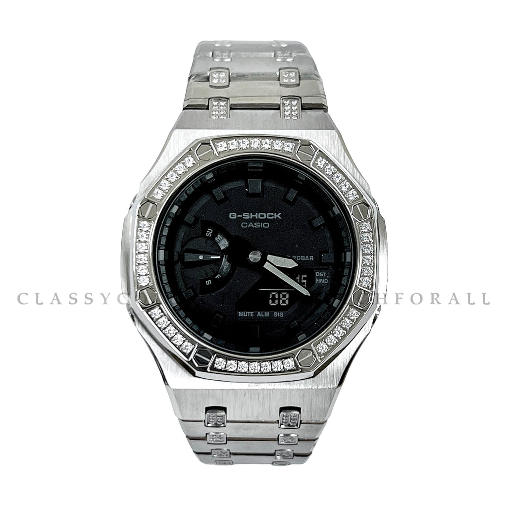 GA-2100-1A1 With Silver Stainless Steel Bezel & Strap Partial Crystal Set