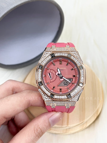 (Preorder) GMA-S2100-4A2DR With Rose Gold 424 pcs Crystal Stainless Steel Case & Pink Rubber Clip Strap