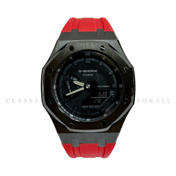 GA-2100-1A1 With Black Stainless Steel Case & Red Rubber Clip Strap