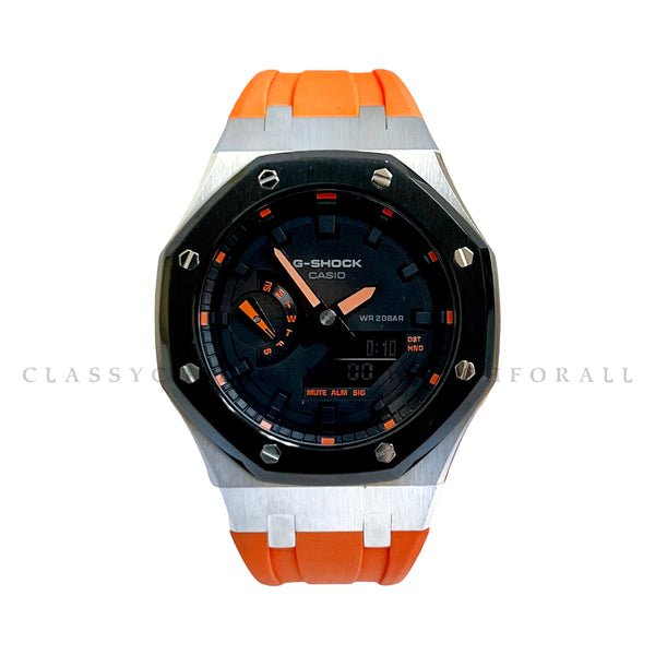 GA-2100-1A4DR With Black & Silver Stainless Steel Case & Orange Rubber Clip Strap
