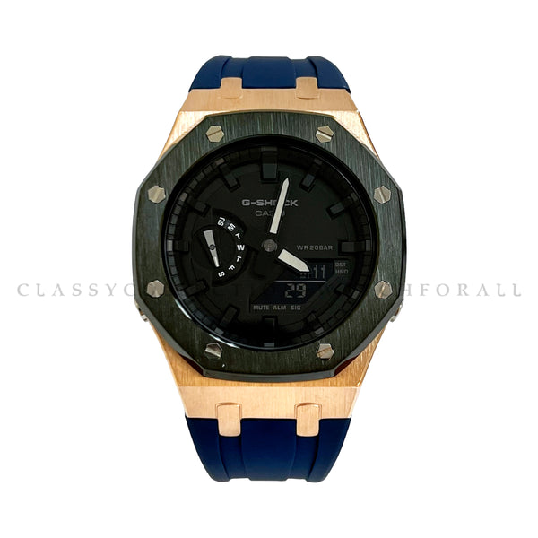 GA-2100-7A With Black & Rose Gold Stainless Steel Case & Navy Blue Rubber Clip Strap