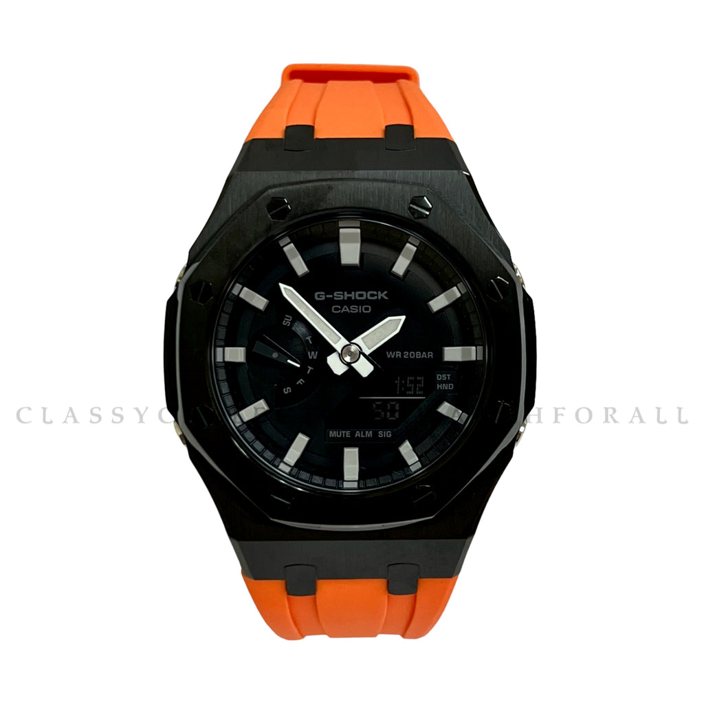 GA-2100-1A With Black Stainless Steel Case & Orange Rubber Clip Strap