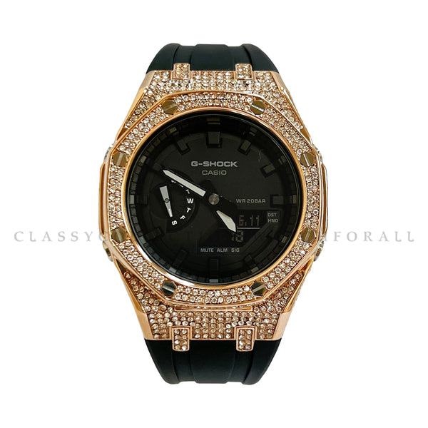 (Preorder) GA-2100-7A With Rose Gold Stainless Steel Crystal Case & Black Rubber Clip Strap