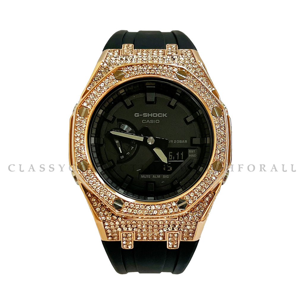 (Preorder) GA-2100-1A1 With Rose Gold Stainless Steel Crystal Case & Black Rubber Clip Strap