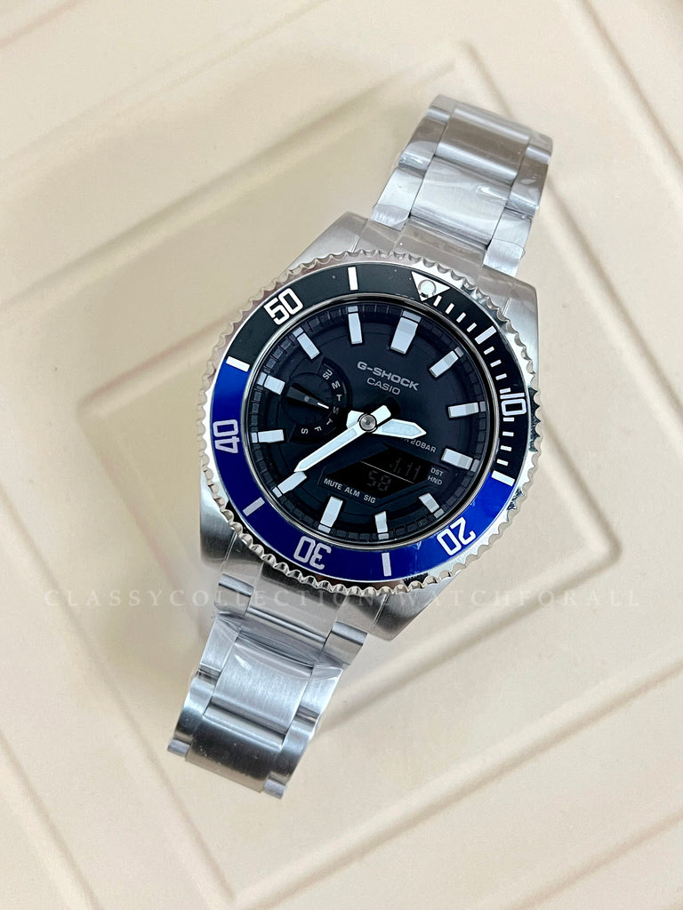 GA-2100-1A With The R Series Black Blue Bezel & Silver Stainless Steel Set