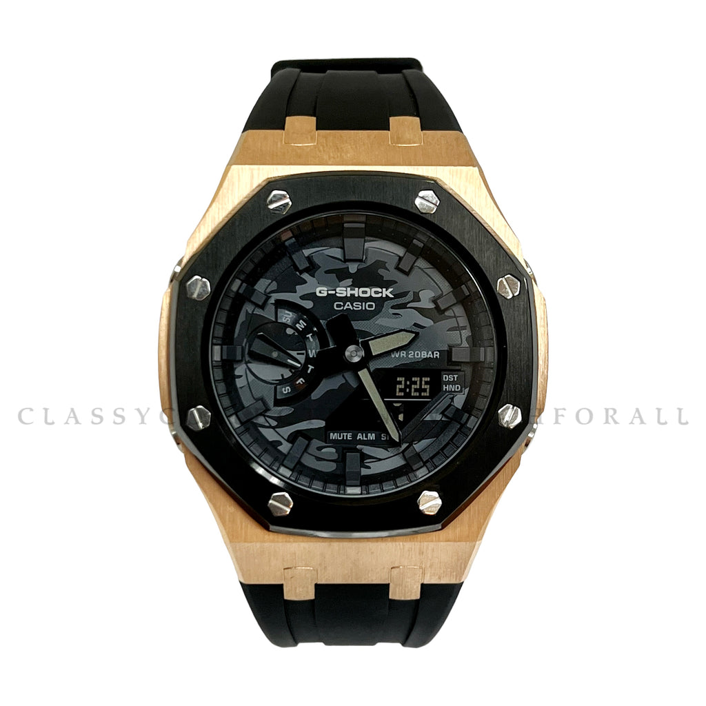 (Preorder)GA-2100CA-8A With Black & Rose Gold Stainless Steel Case & Black Rubber Clip Strap
