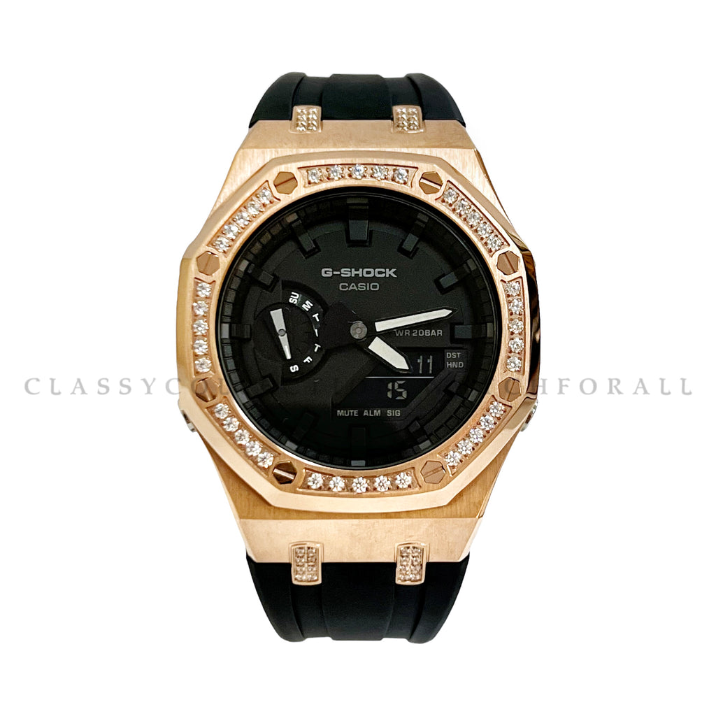 GA-2100-7A With Rose Gold Crystal Studded Stainless Steel Case & Black Rubber Clip Strap