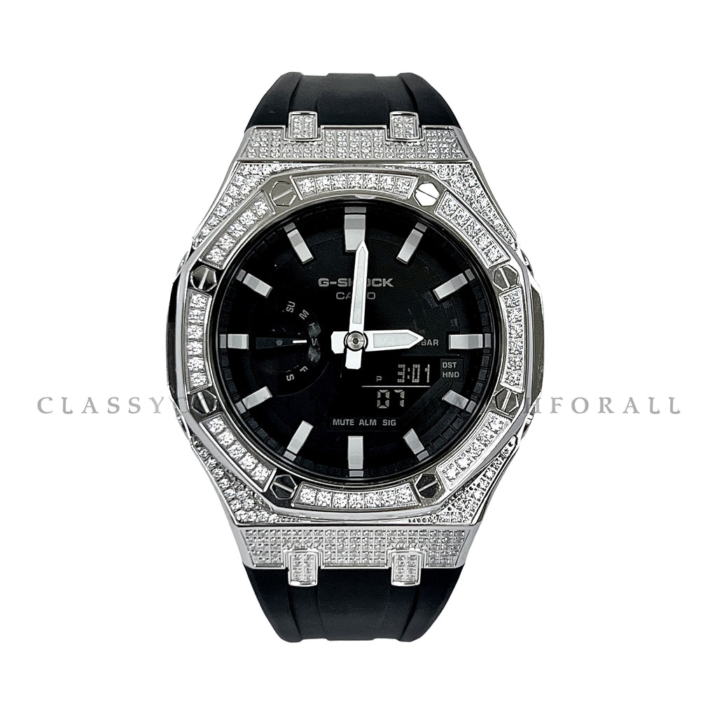 GA-2100-1A With Silver Stainless Steel Crystal Case & Black Rubber Clip Strap