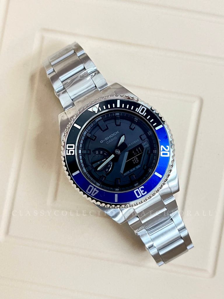 GA-2100-1A1 With The R Series Black Blue Bezel & Silver Stainless Steel Set