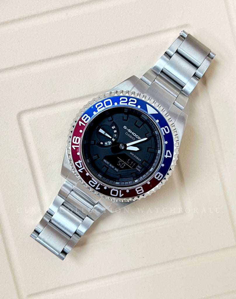 GA-2100-7A With The R Series Blue Red Bezel & Silver Stainless Steel Set