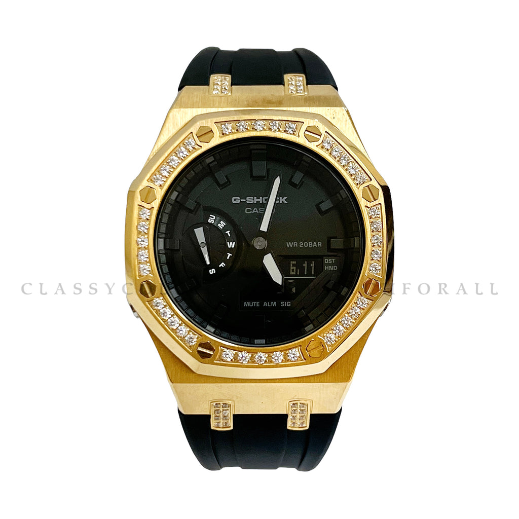GA-2100-7A With Gold Crystal Studded Stainless Steel Case & Black Rubber Clip Strap