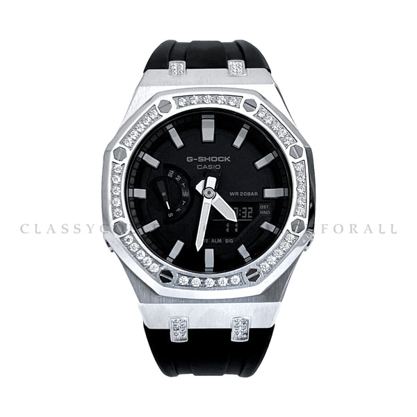 GA-2100-1A With Silver Crystal Studded Stainless Steel Case & Black Rubber Clip Strap