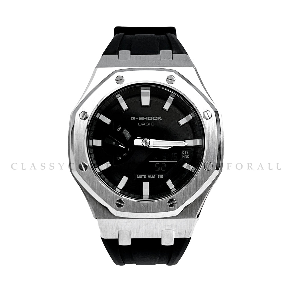 GA-2100-1A With Silver Stainless Steel Case & Black Rubber Clip Strap