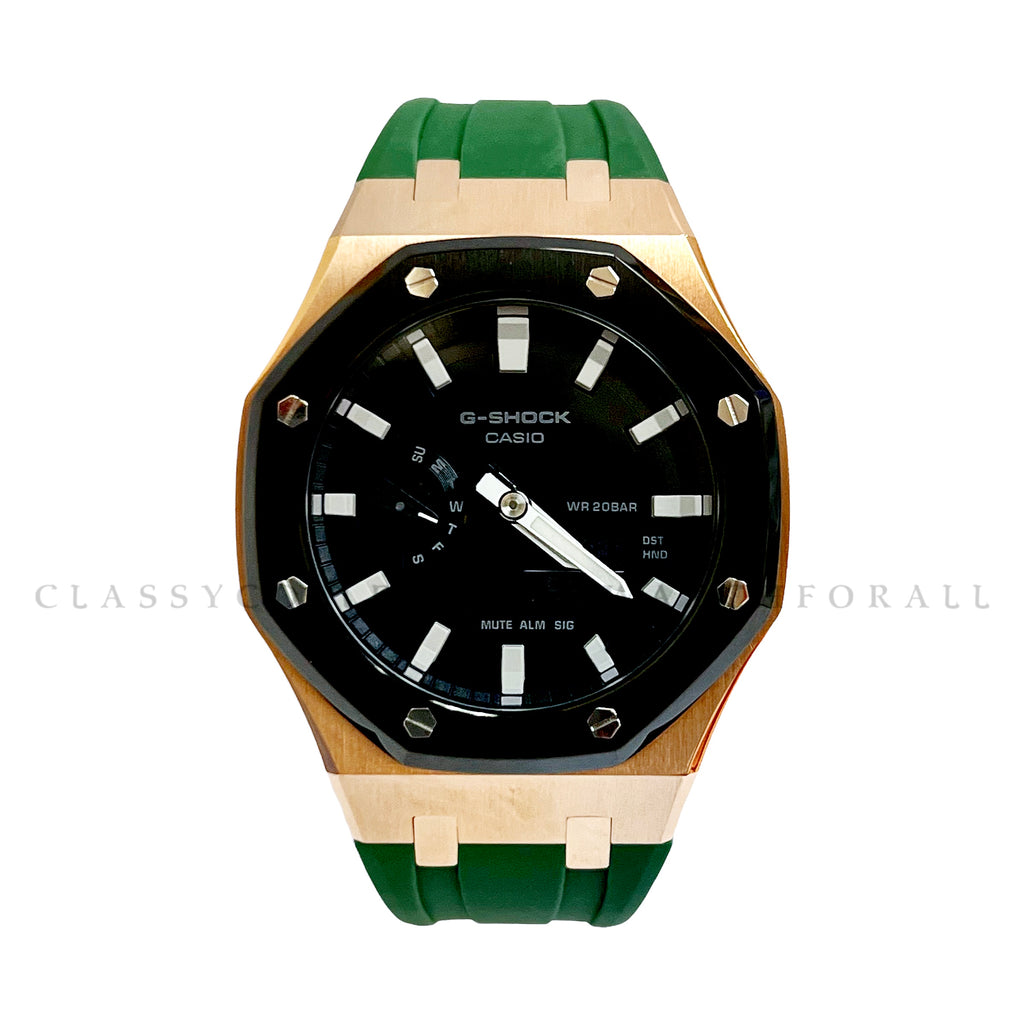 GA-2100-1A With Black & Rose Gold Stainless Steel Case & Green Rubber Clip Strap