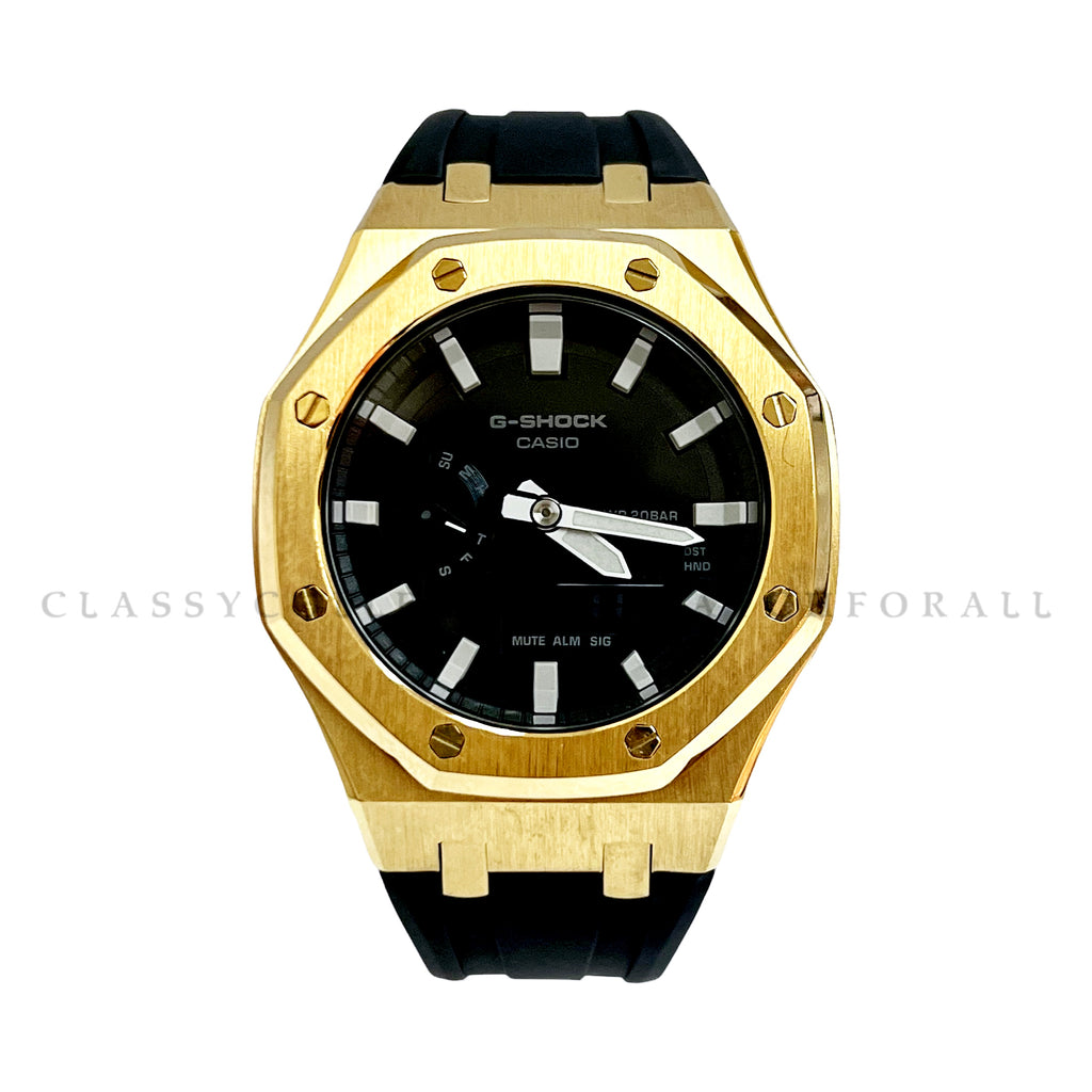GA-2100-1A With Gold Stainless Steel Case & Black Rubber Clip Strap