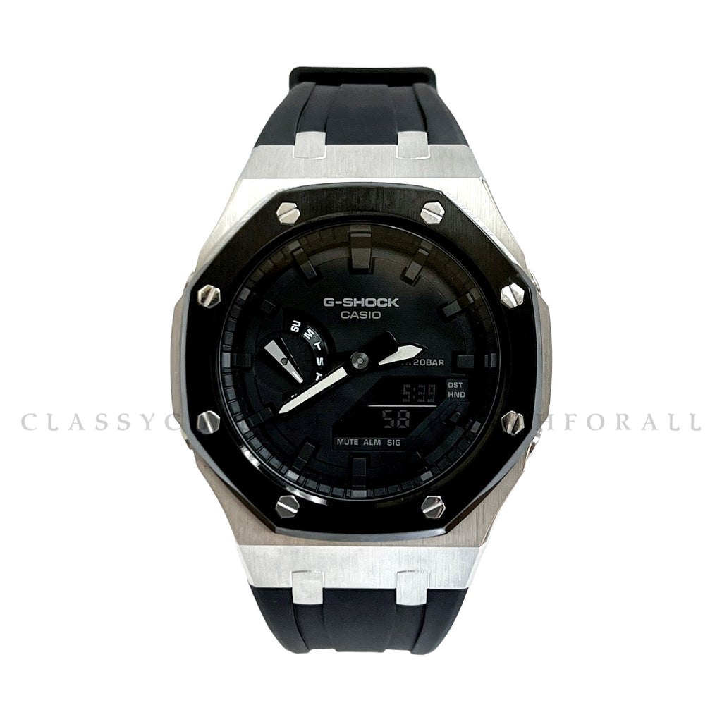GA-2100-7A With Black & Silver Stainless Steel Case & Black Rubber Clip Strap