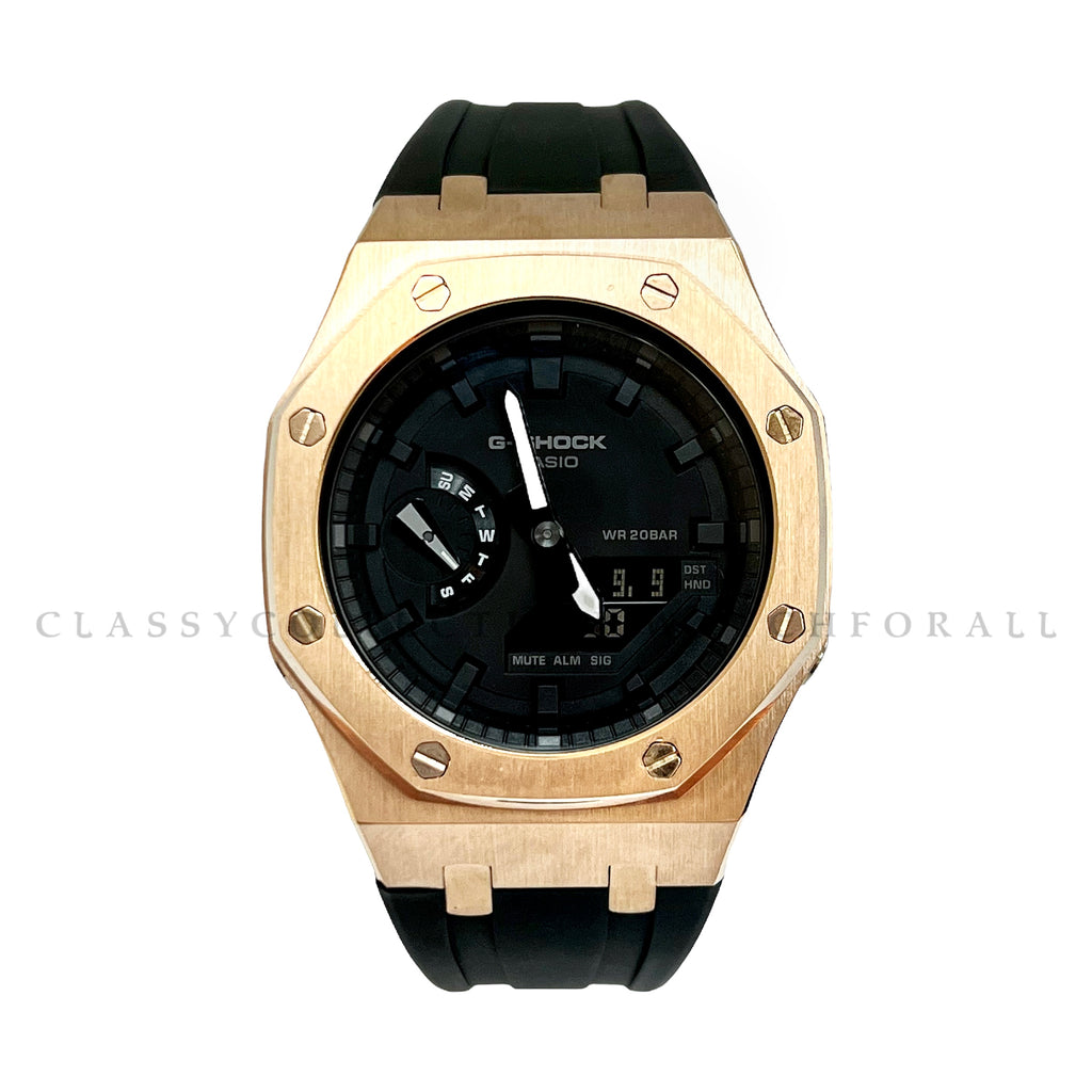 GA-2100-7A With Rose Gold Stainless Steel Case & Black Rubber Clip Strap