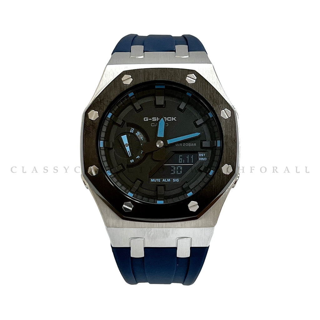 GA-2100-1A2 With Black & Silver Stainless Steel Case & Navy Blue Rubber Clip Strap