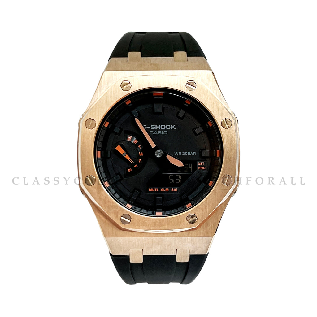 GA-2100-1A4 With Rose Gold Stainless Steel Case & Black Rubber Clip Strap