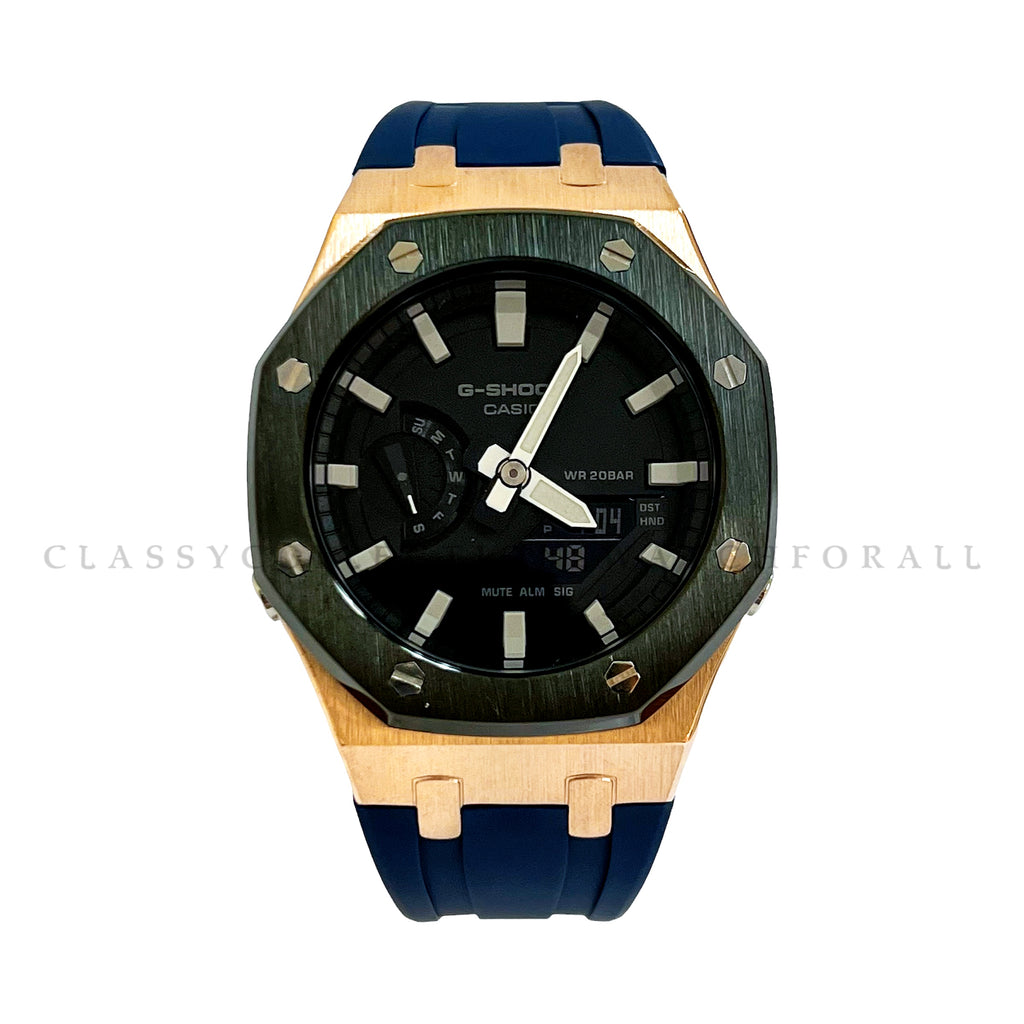 GA-2100-1A With Black & Rose Gold Stainless Steel Case & Navy Blue Rubber Clip Strap