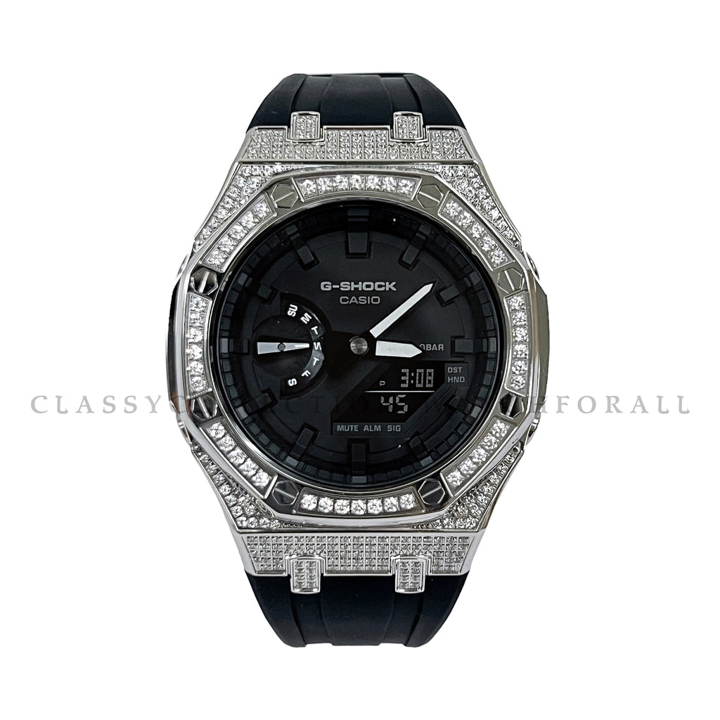 GA-2100-7A With Silver Stainless Steel Crystal Case & Black Rubber Clip Strap