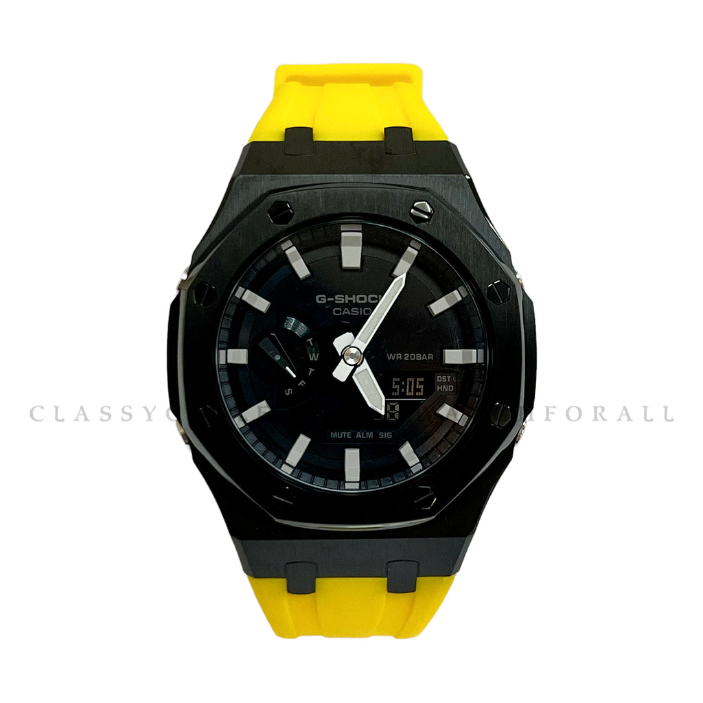 GA-2100-1A With Black Stainless Steel Case & Yellow Rubber Clip Strap