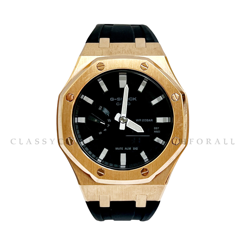 GA-2100-1A With Rose Gold Stainless Steel Case & Black Rubber Clip Strap