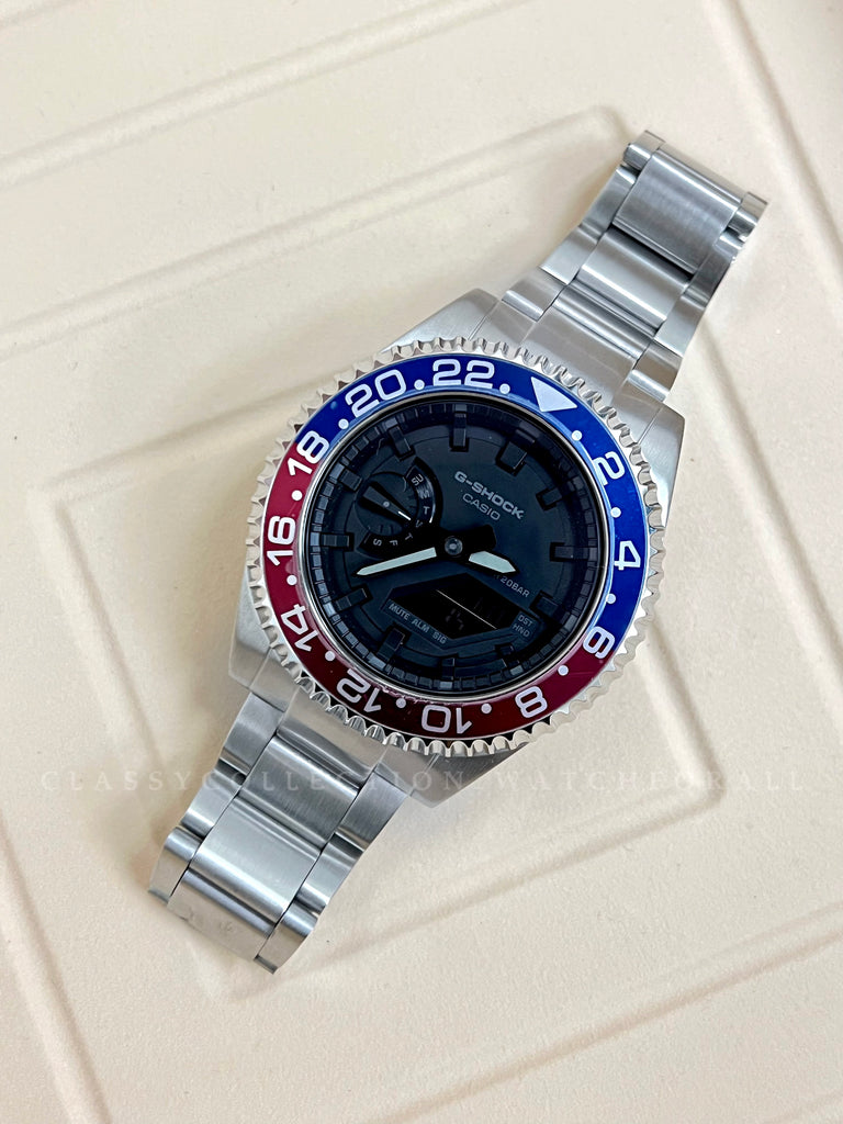 GA-2100-1A1 With The R Series Blue Red Bezel & Silver Stainless Steel Set