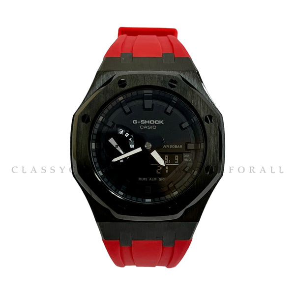 GA-2100-7A With Black Stainless Steel Case & Red Rubber Clip Strap