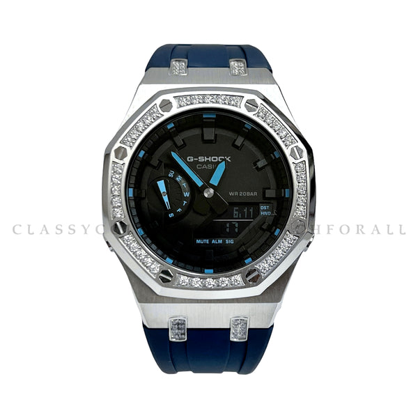 GA-2100-1A2 With Silver Crystal Studded Stainless Steel Case & Navy Blue Rubber Clip Strap