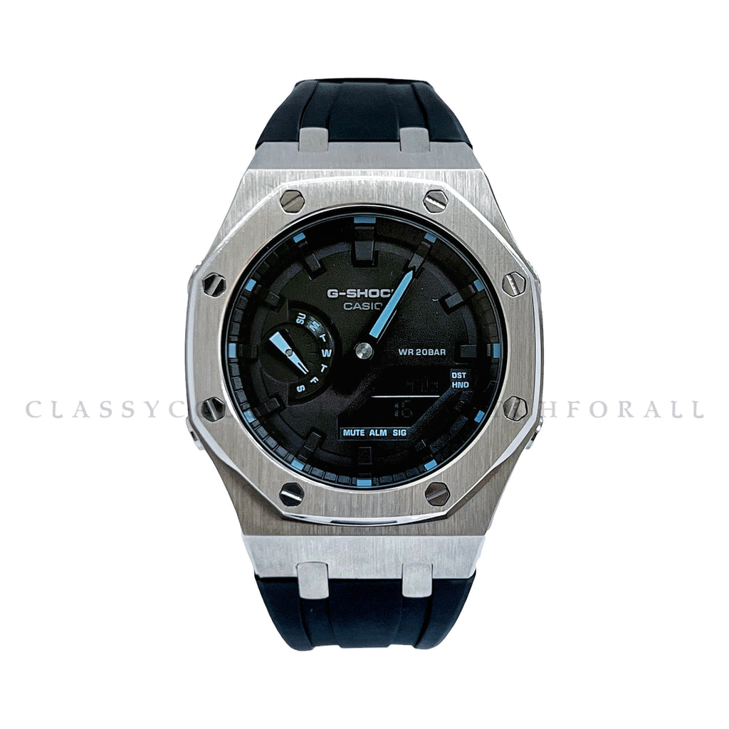 GA-2100-1A2 With Silver Stainless Steel Case & Black Rubber Clip Strap