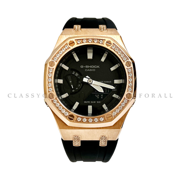 GA-2100-1A With Rose Gold Crystal Studded Stainless Steel Case & Black Rubber Clip Strap