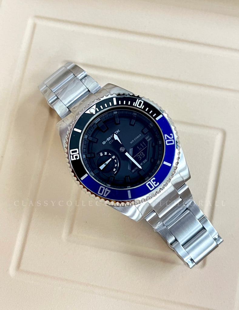 GA-2100-7A With The R Series Black Blue Bezel & Silver Stainless Steel Set