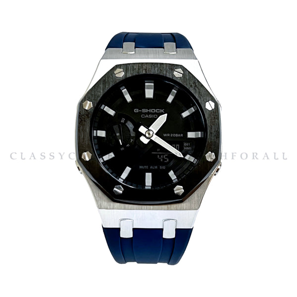 GA-2100-1ADR With Black & Silver Stainless Steel Case & Navy Blue Rubber Clip Strap